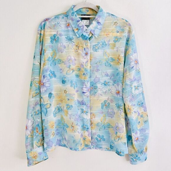 🎉Clearance🎉Southern Lady Blue Pastel Colors Floral Lightweight Blouse ~ Large - Picture 1 of 10